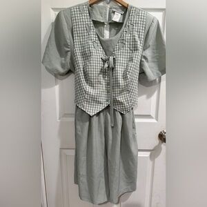 RARE Lady Dorby Shorts Cottage Prarie Green Gingham ROMPER with Vest pockets